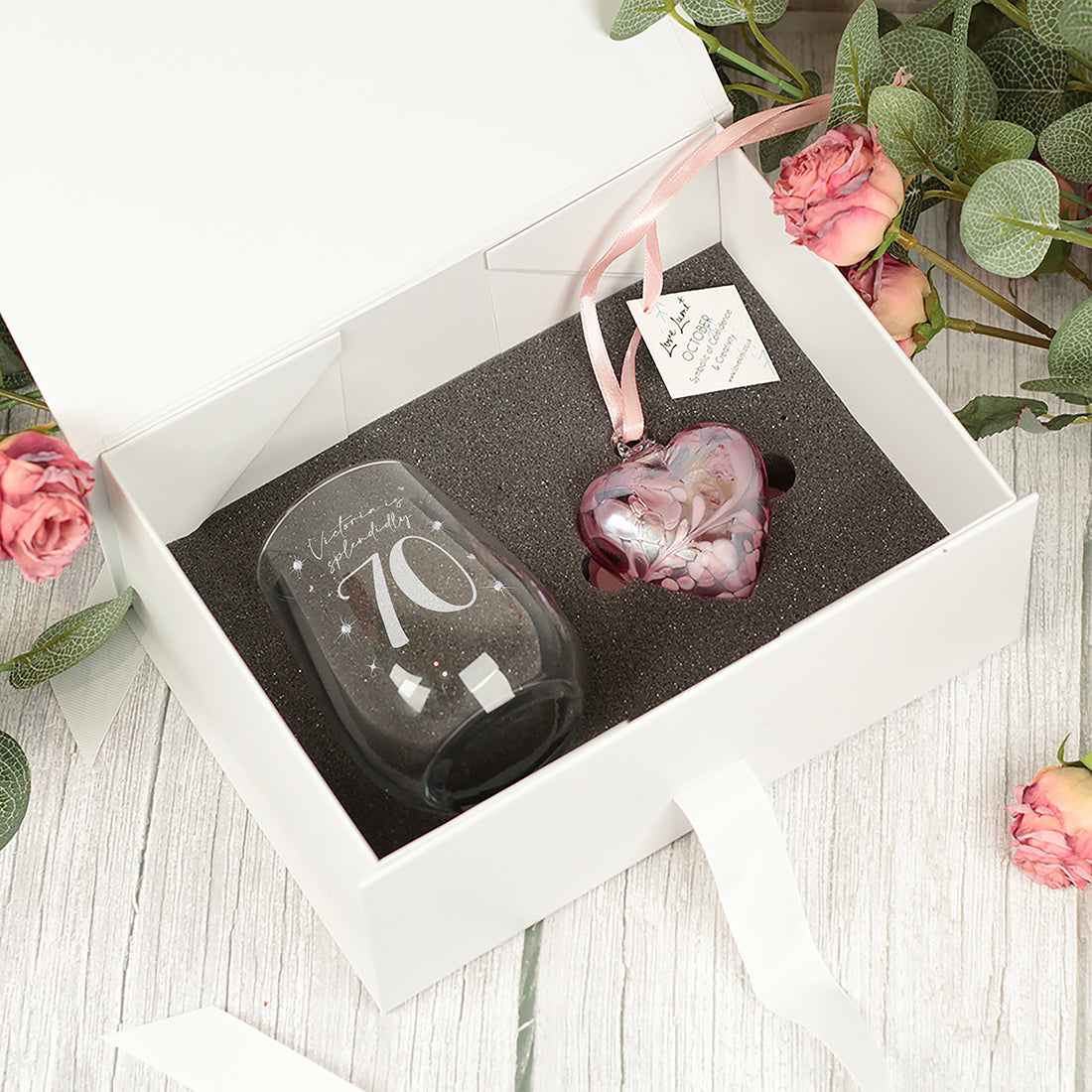 70th Birthday Diamante Crystal Embellished Stemless Glass and Birthstone Heart Gift Set