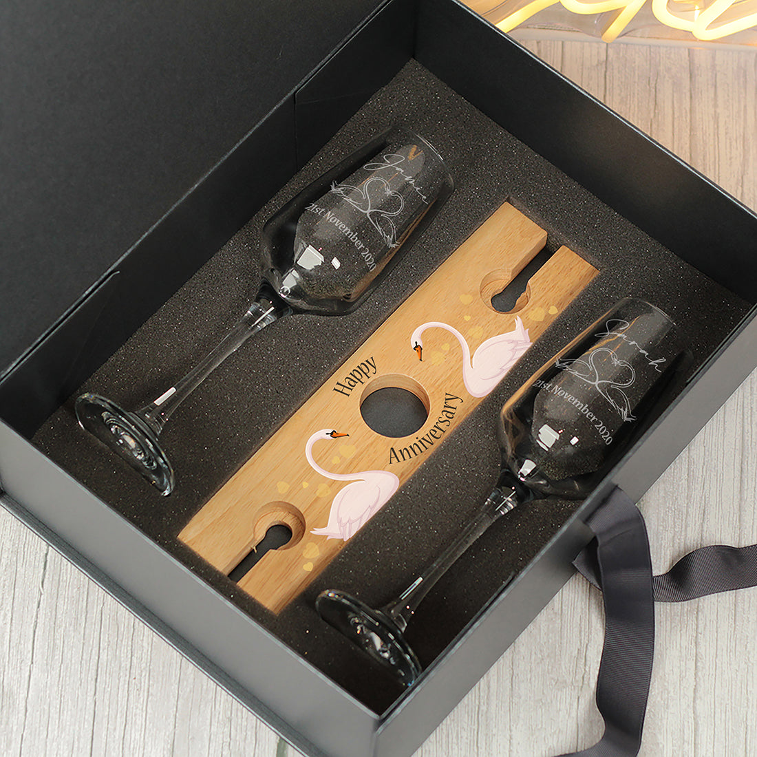 Wedding Anniversary Swans Champagne Flutes and Bottle Butler Gift Set