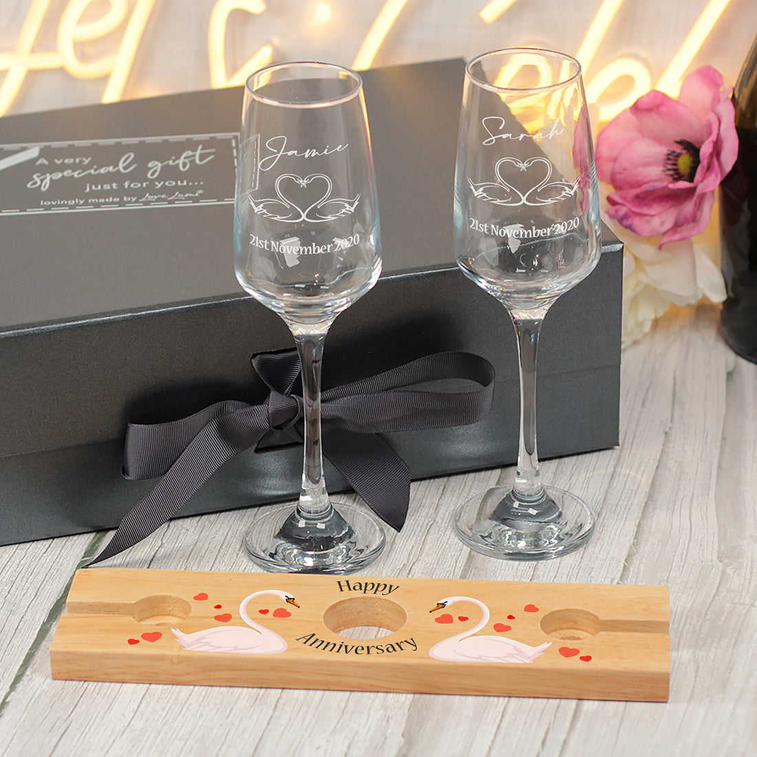Wedding Anniversary Swans Champagne Flutes and Bottle Butler Gift Set