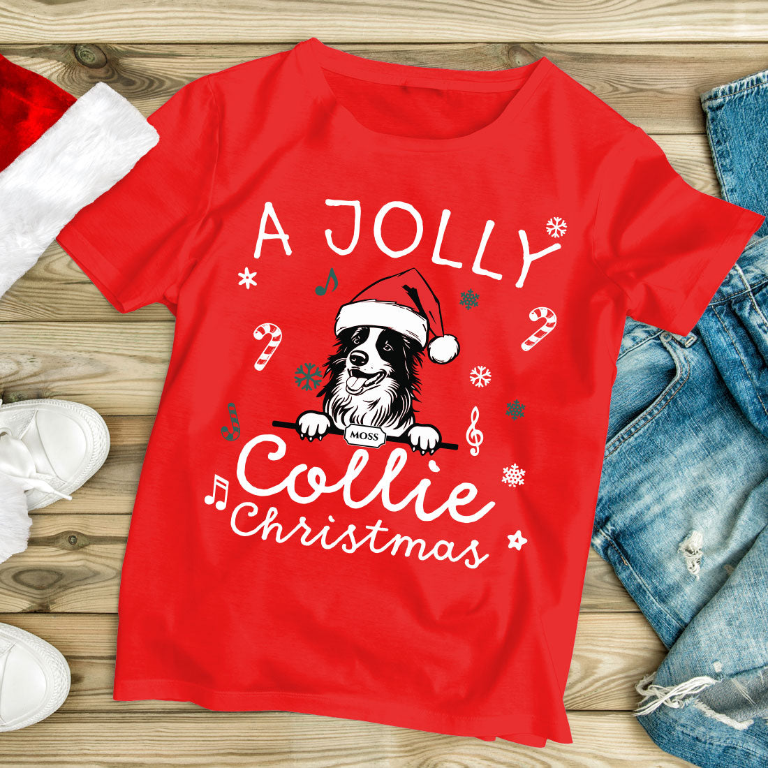 Personalised Jolly Collie Christmas Pet Dog Festive Red T-shirt-Love Lumi Ltd