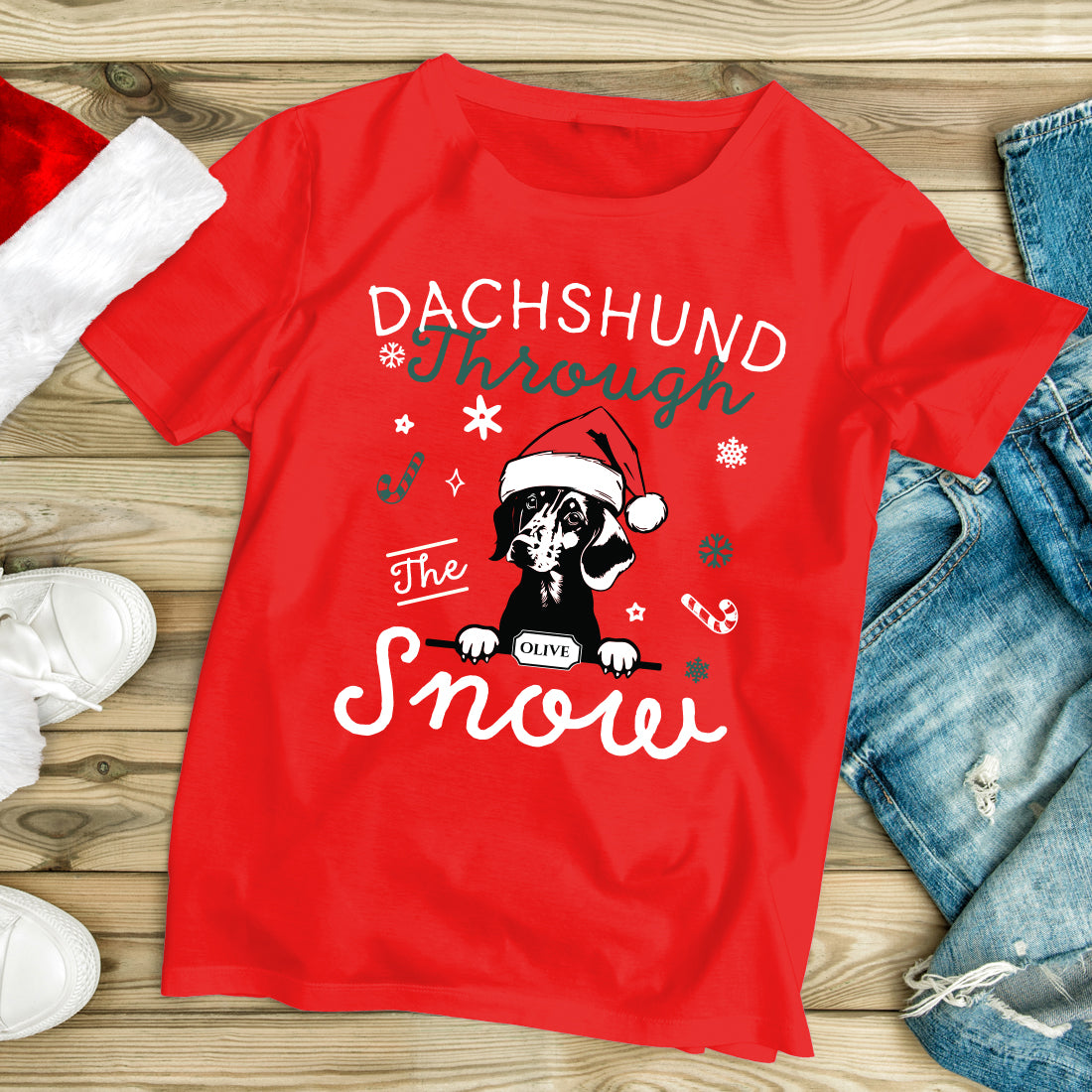 Personalised Dachshund Through the Snow Christmas Red T-shirt-Love Lumi Ltd