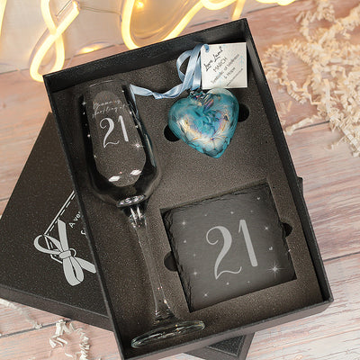 21st Birthday Embellished Diamante Crystal Engraved Prosecco Glass with Birthstone Heart Gift Set