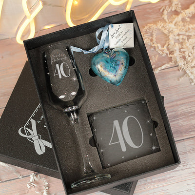 40th Birthday Embellished Diamante Crystal Engraved Prosecco Glass with Birthstone Heart Gift Set