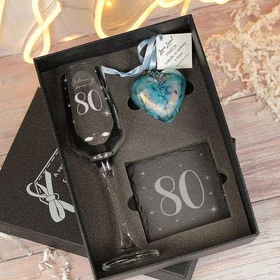 80th Birthday Embellished Diamante Crystal Engraved Prosecco Glass with Birthstone Heart Gift Set