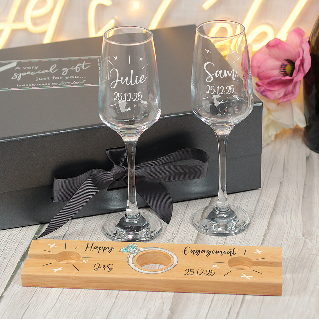 Engagement Champagne Flutes and Bottle Butler Gift Set