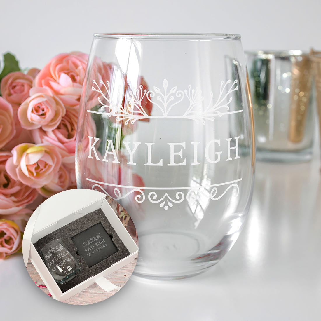 Floral Divide Engraved Stemless Glass