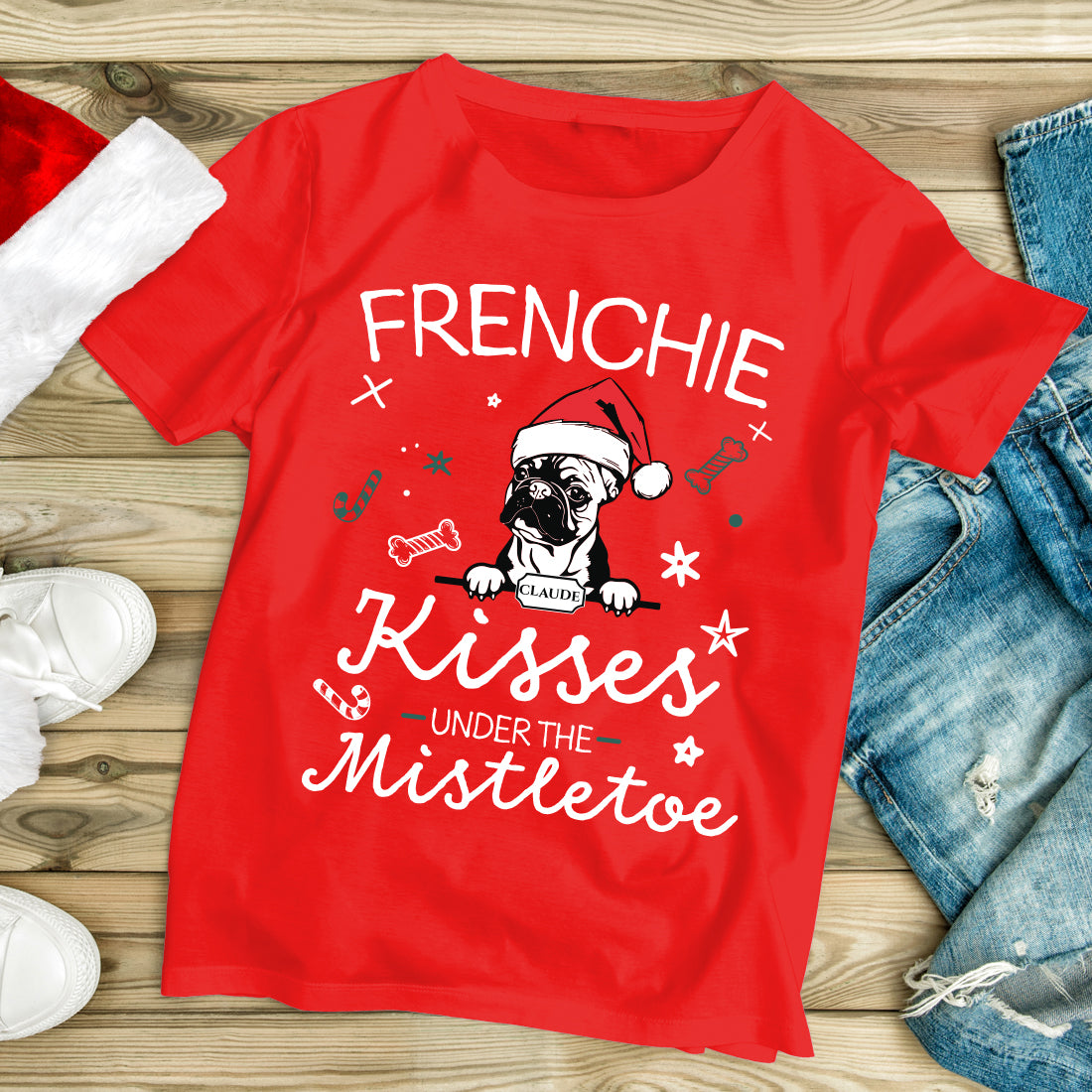 Personalised Frenchie Kisses under the Mistletoe French Bulldog Christmas Red T-shirt-Love Lumi Ltd