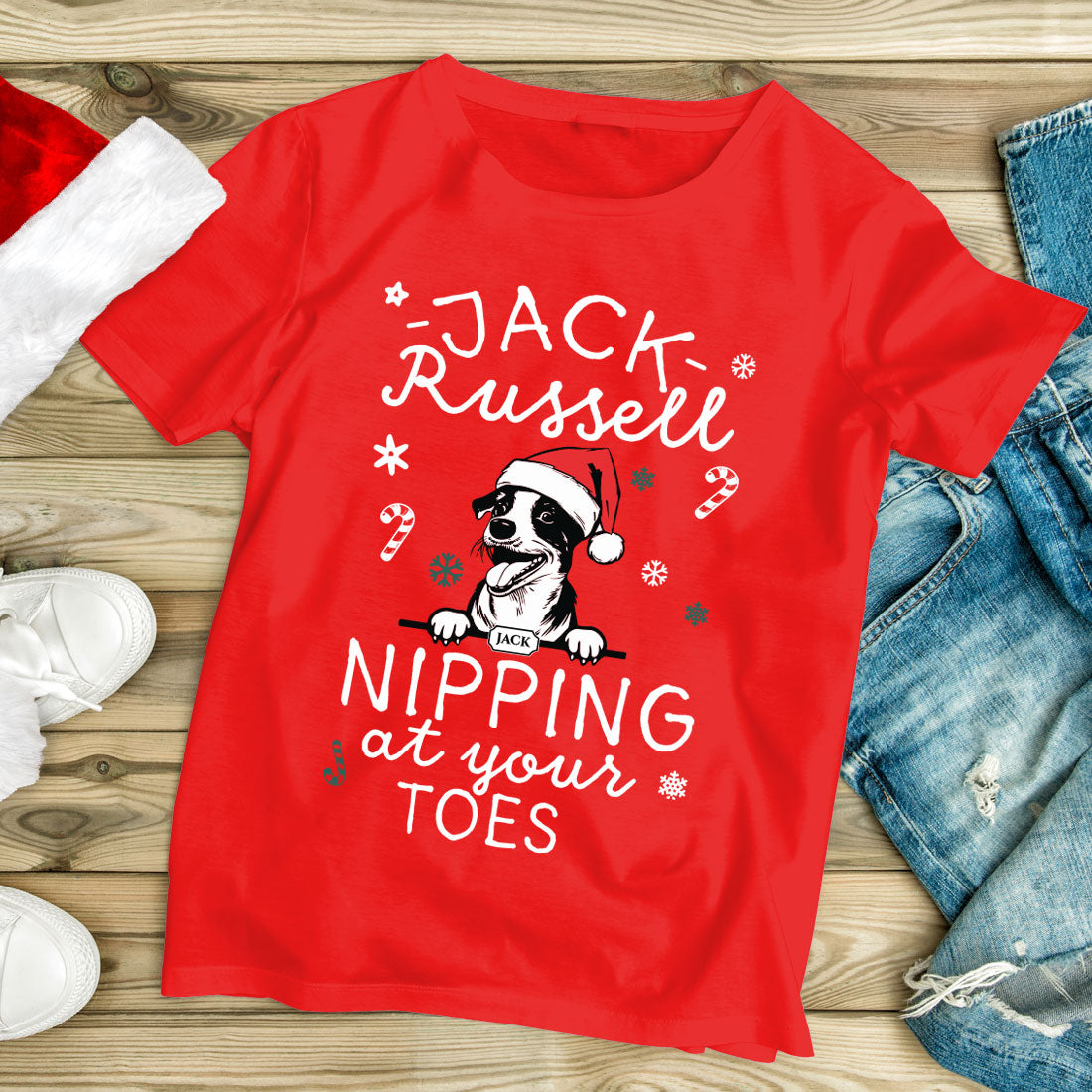 Personalised Jack Russell Nipping at your Toes Christmas Red T-shirt-Love Lumi Ltd