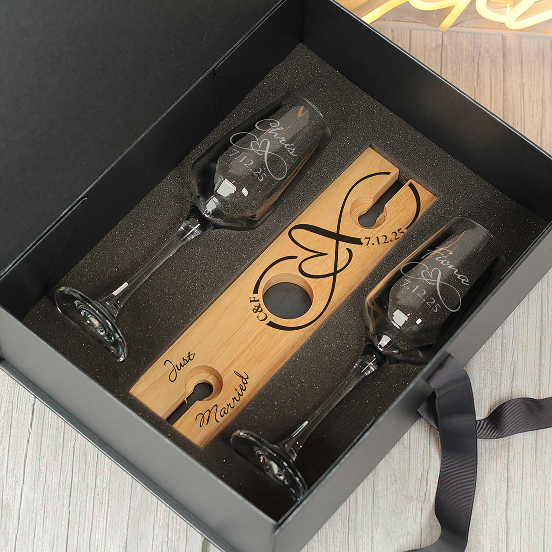 Just Married Infinity Wedding Gift Champagne Flutes and Bottle Butler Gift Set