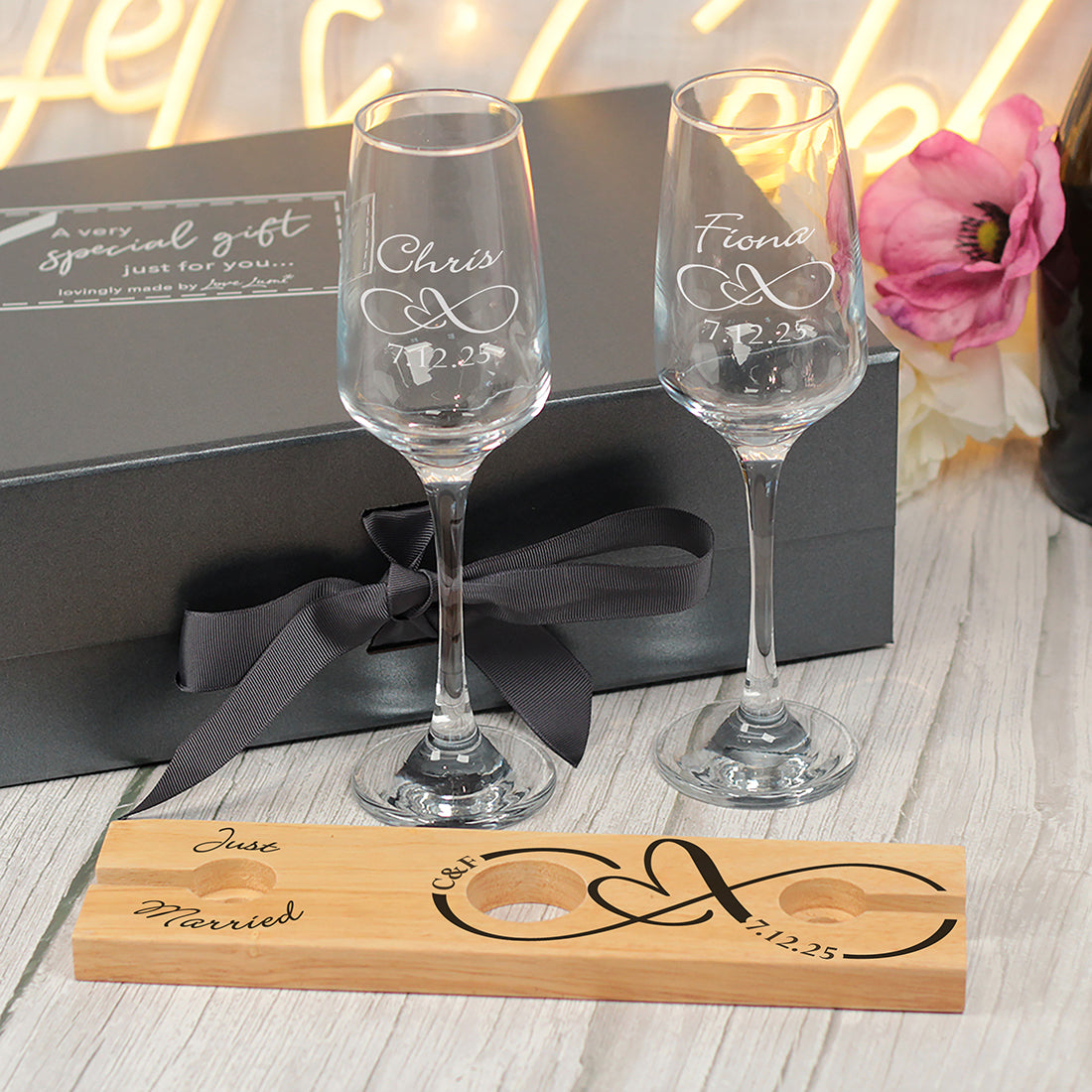 Just Married Infinity Wedding Gift Champagne Flutes and Bottle Butler Gift Set