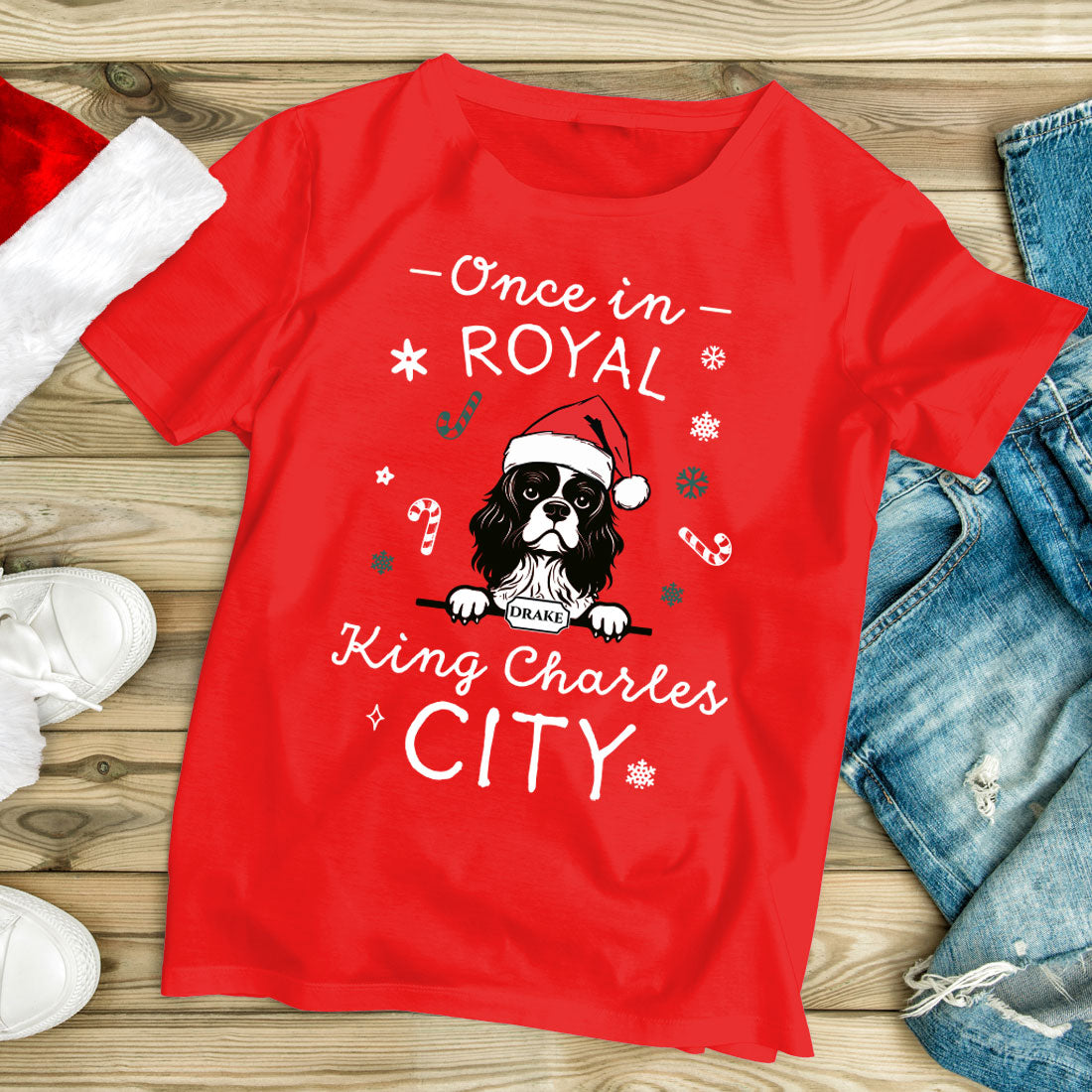 Personalised King Charles Spaniel Christmas Red T-shirt-Love Lumi Ltd