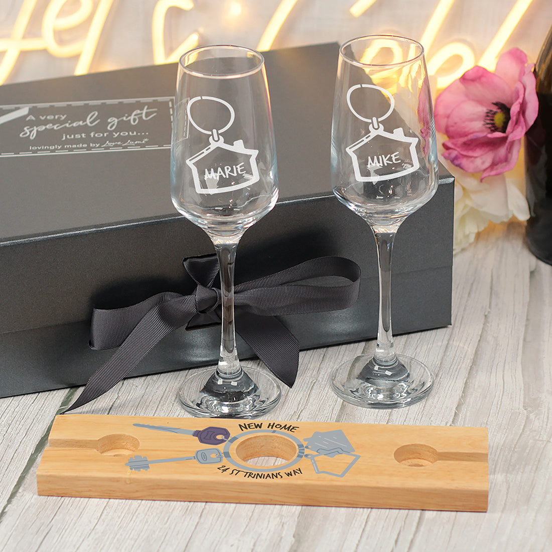 New Home Champagne Flutes and Bottle Butler Gift Set