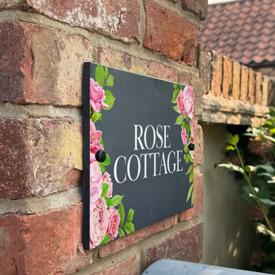 Pink Roses Slate House Number or Name Wall Mounted Sign