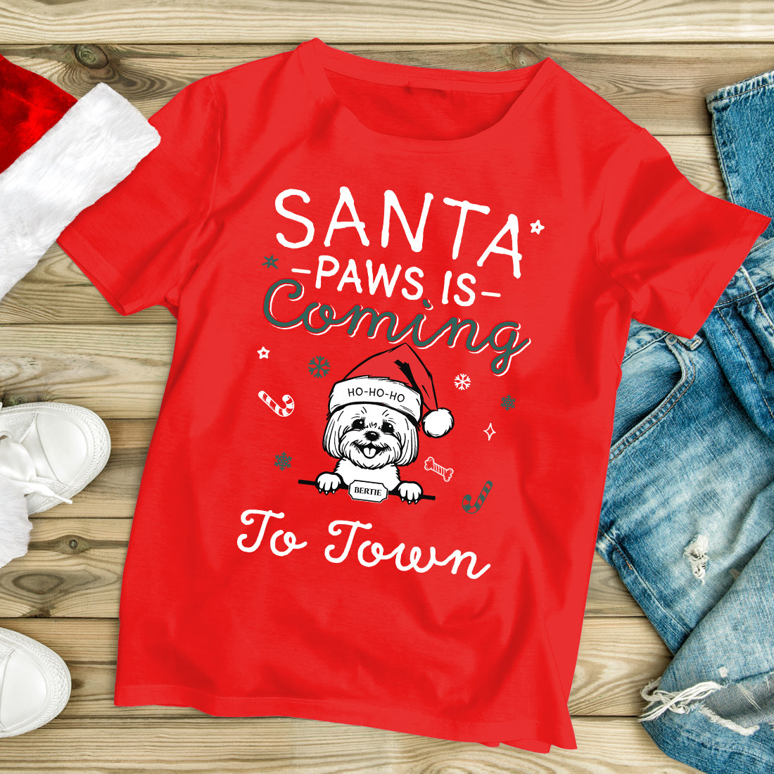 Personalised Santa Paws Pet Dog Breed Christmas Red T-shirt-Love Lumi Ltd