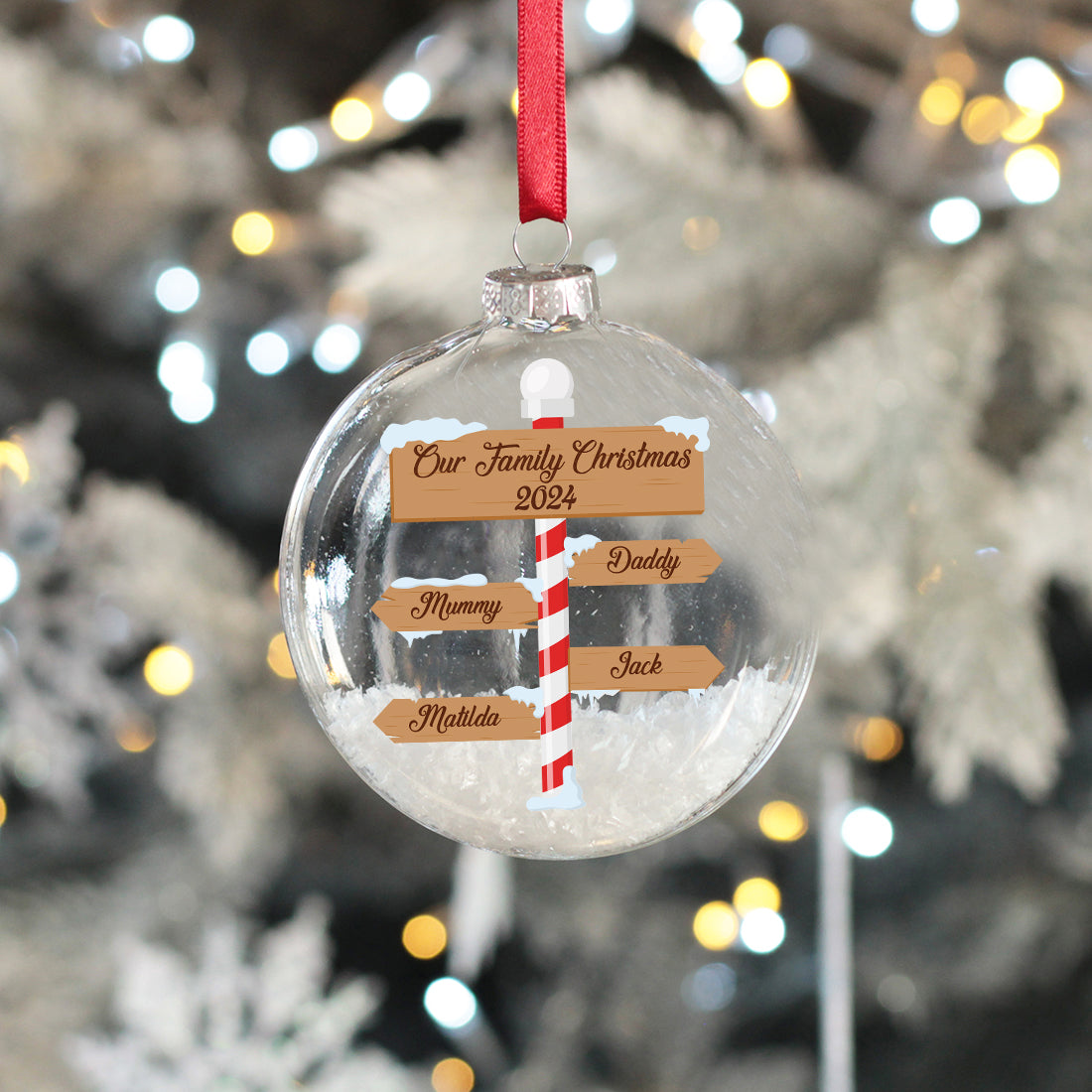North Pole Signpost Family Christmas Snow Filled Glass Bauble-Love Lumi Ltd