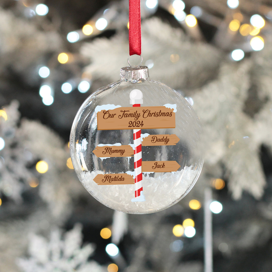 North Pole Signpost Family Christmas Snow Filled Glass Bauble-Love Lumi Ltd
