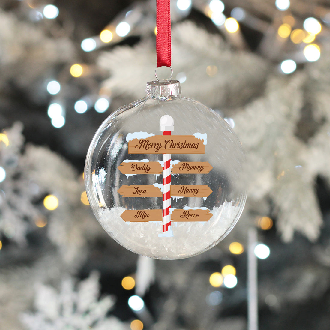North Pole Signpost Family Christmas Snow Filled Glass Bauble-Love Lumi Ltd