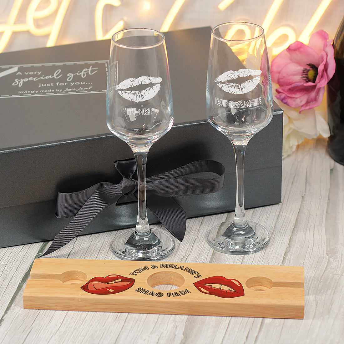 New Home Shag Pad Champagne Flutes and Bottle Butler Gift Set