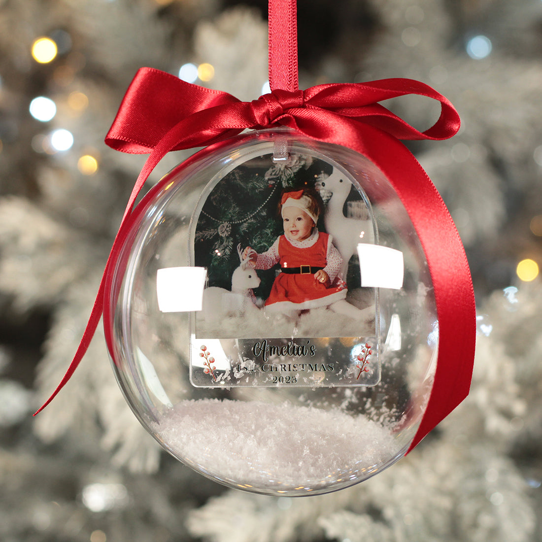 Baby's 1st Christmas Photo Snowy Acrylic Christmas Tree Bauble Decoration-Love Lumi Ltd