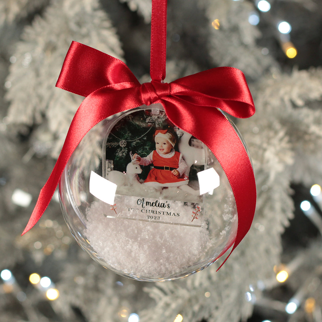 Baby's 1st Christmas Photo Snowy Acrylic Christmas Tree Bauble Decoration-Love Lumi Ltd