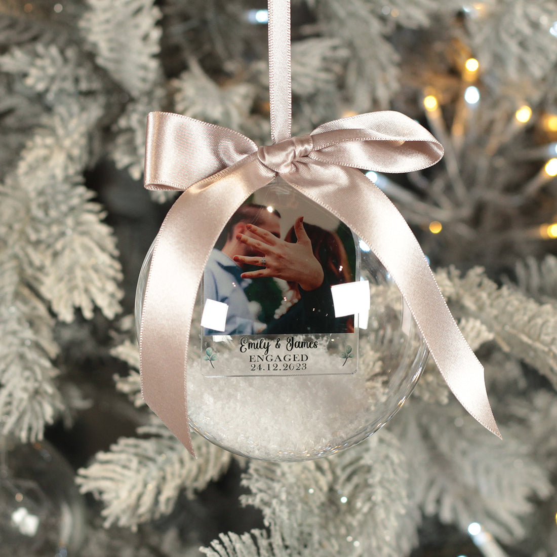 First Christmas Engaged Photo Snowy Acrylic Christmas Tree Bauble Decoration-Love Lumi Ltd