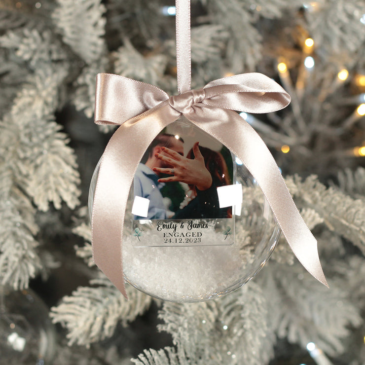 First Christmas Engaged Photo Snowy Acrylic Christmas Tree Bauble Decoration