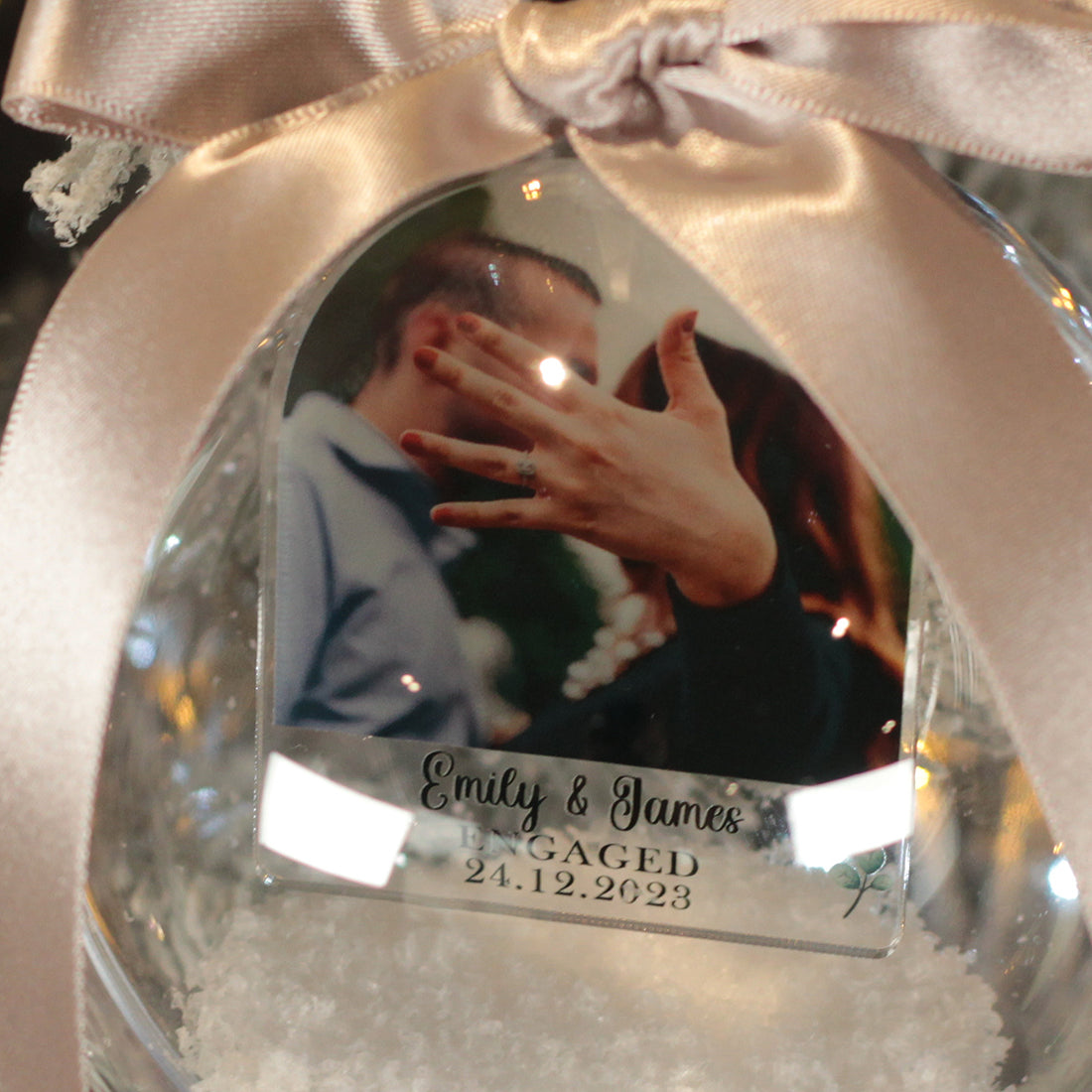 First Christmas Engaged Photo Snowy Acrylic Christmas Tree Bauble Decoration-Love Lumi Ltd