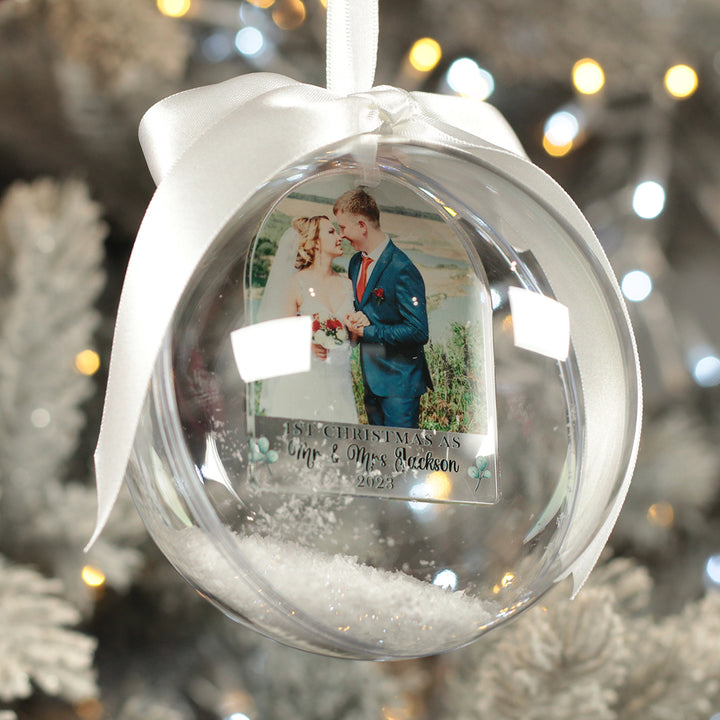 First Christmas Married Photo Snowy Acrylic Christmas Tree Bauble Decoration-Love Lumi Ltd