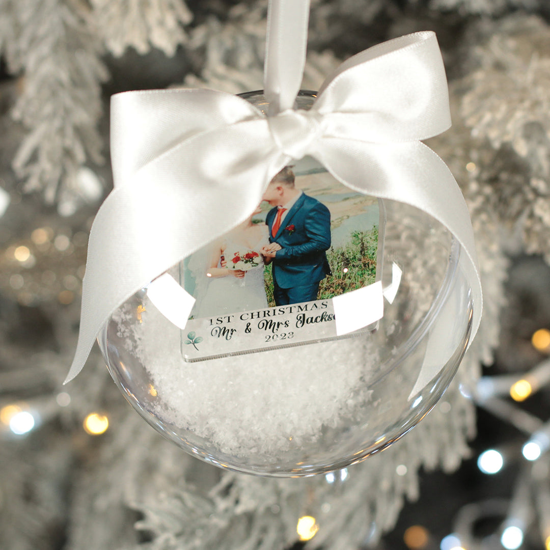 First Christmas Married Photo Snowy Acrylic Christmas Tree Bauble Decoration-Love Lumi Ltd