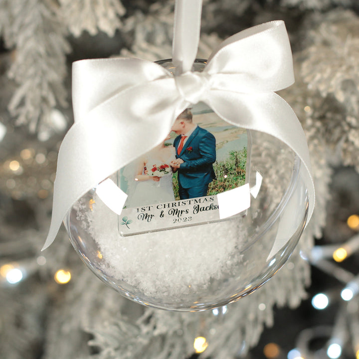 First Christmas Married Photo Snowy Acrylic Christmas Tree Bauble Decoration-Love Lumi Ltd