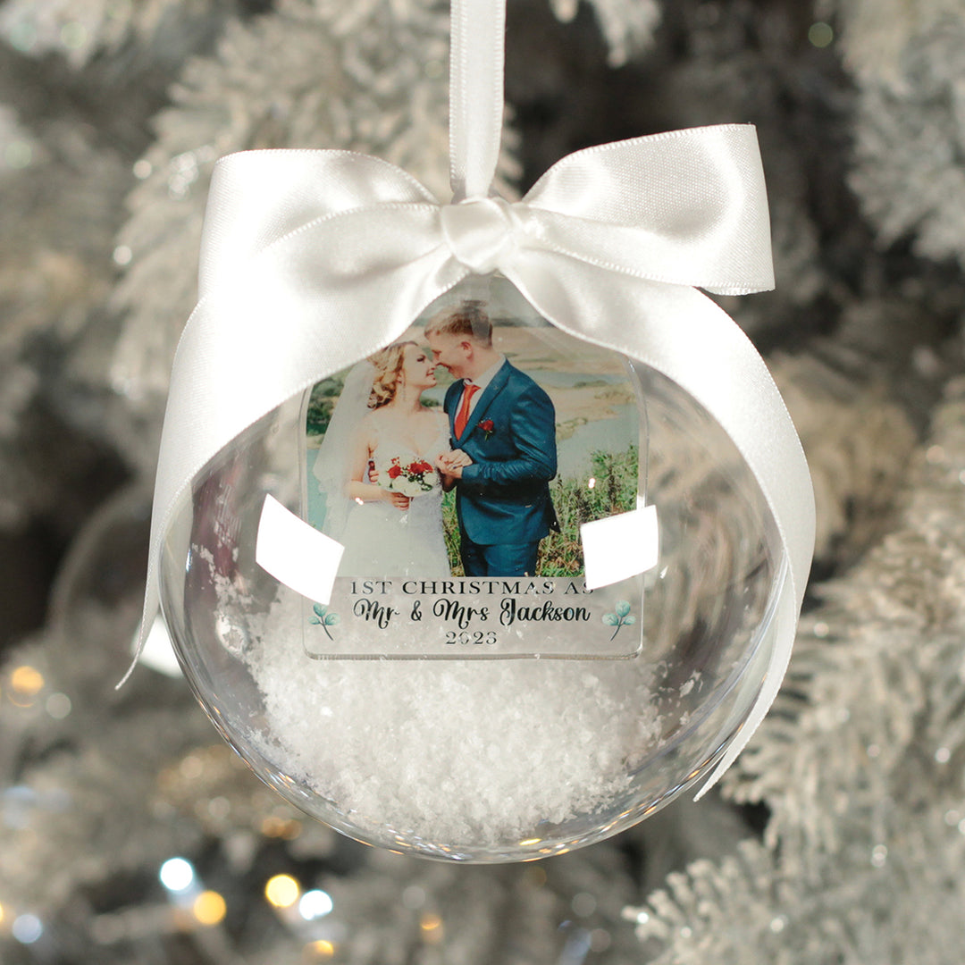 First Christmas Married Photo Snowy Acrylic Christmas Tree Bauble Decoration-Love Lumi Ltd