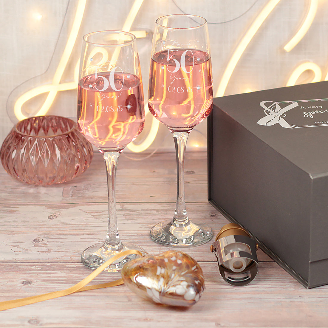Pair of Golden 50 Year Wedding Anniversary Diamante Embellished Champagne Flutes and Heart Gift Set
