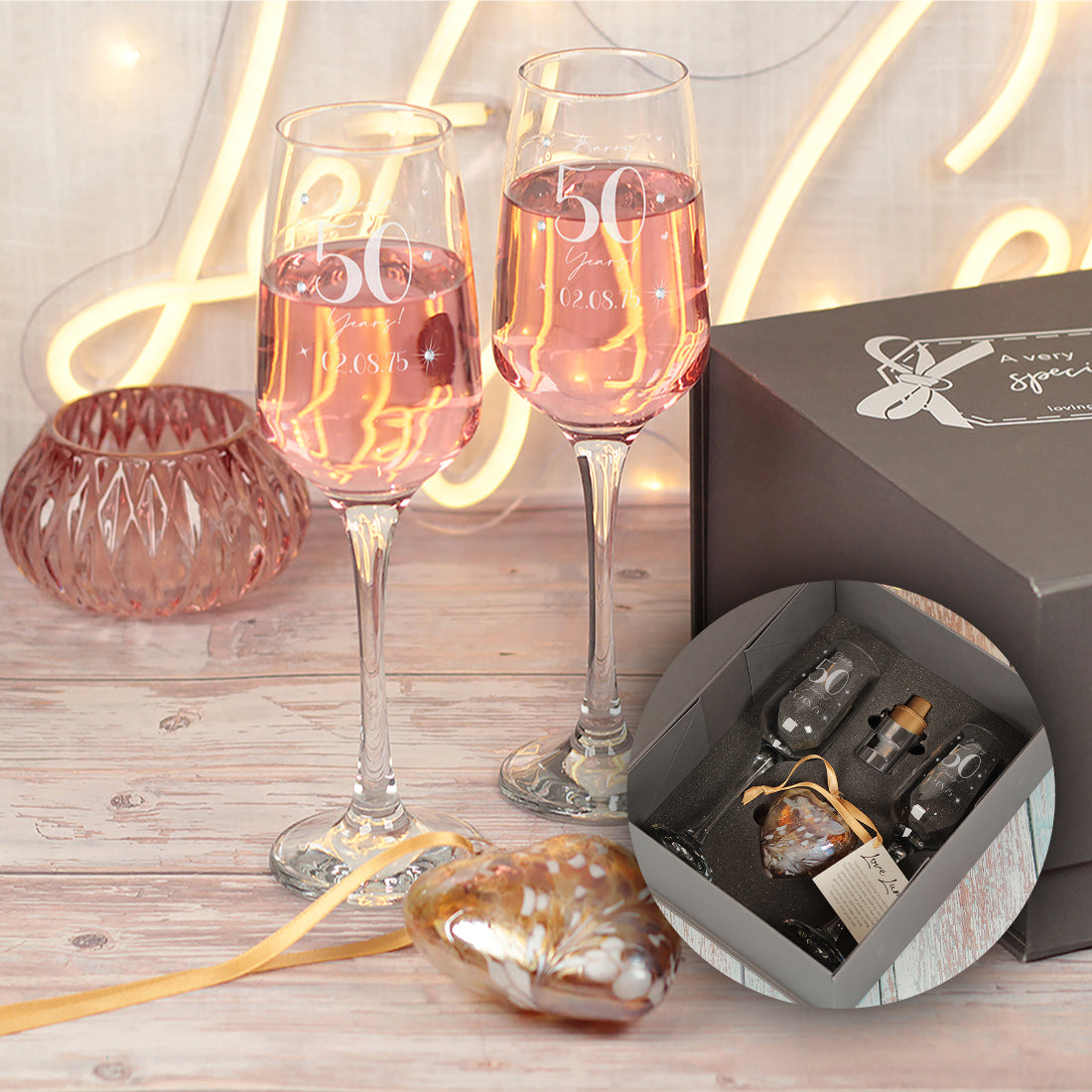 Pair of Golden 50 Year Wedding Anniversary Diamante Embellished Champagne Flutes and Heart Gift Set
