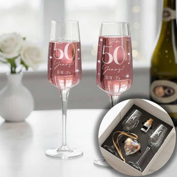 Pair of Golden 50 Year Wedding Anniversary Diamante Embellished Glass Flutes