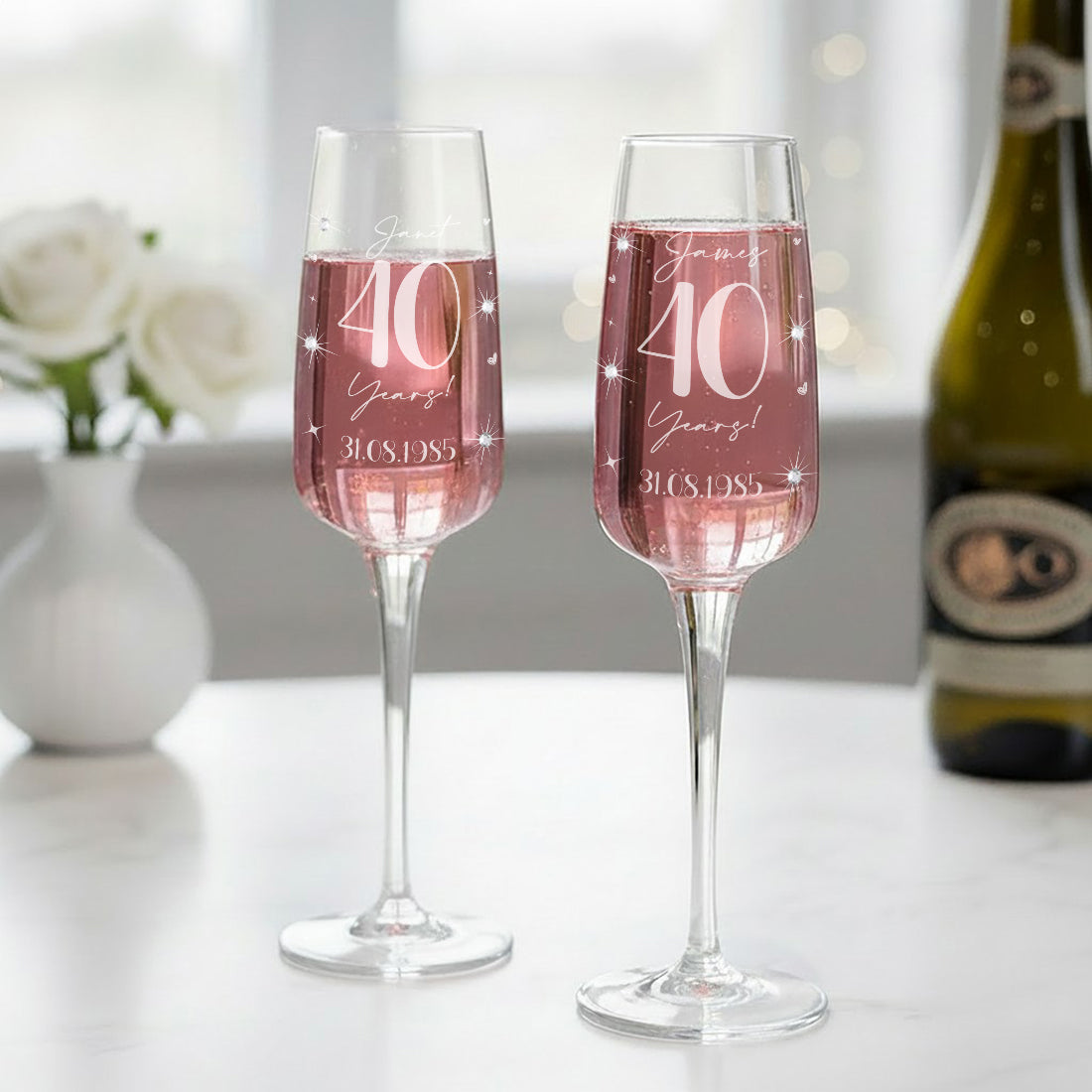 Pair of Ruby 40 Year Wedding Anniversary Diamante Embellished Glass Flutes