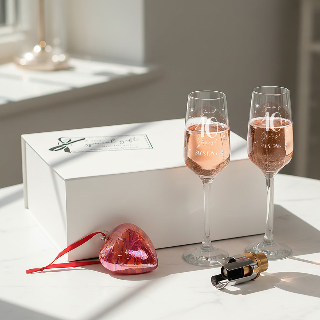 Pair of Ruby 40 Year Wedding Anniversary Diamante Embellished Glass Flutes