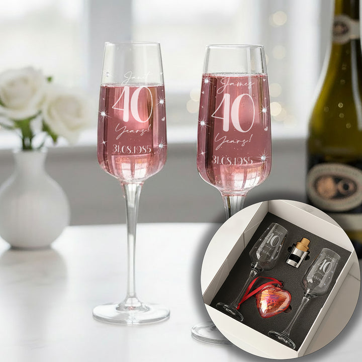 Pair of Ruby 40 Year Wedding Anniversary Diamante Embellished Glass Flutes