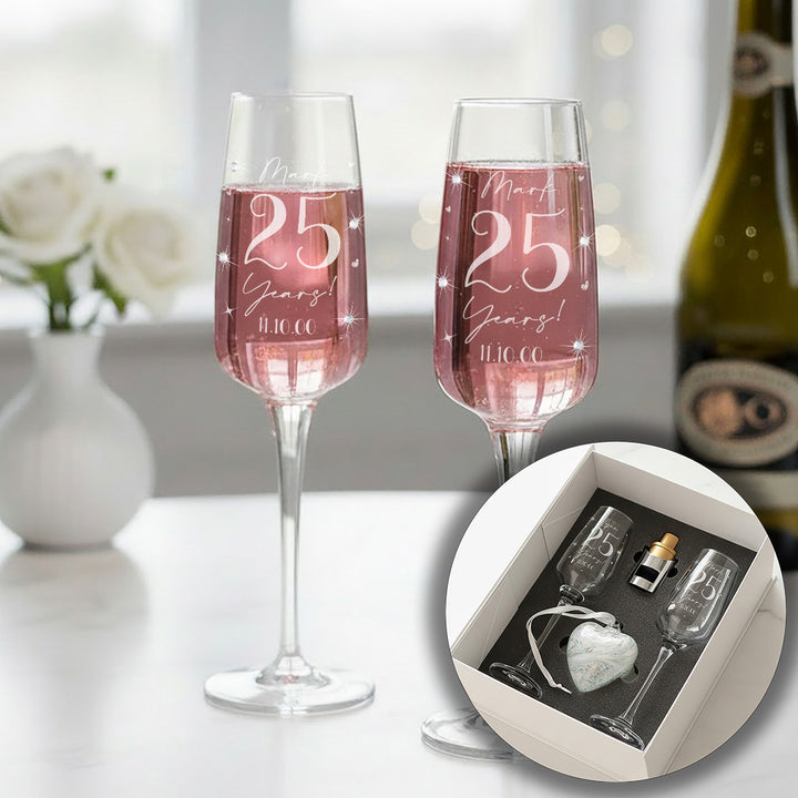 Pair of Silver 25 Year Wedding Anniversary Diamante Embellished Glass Flutes