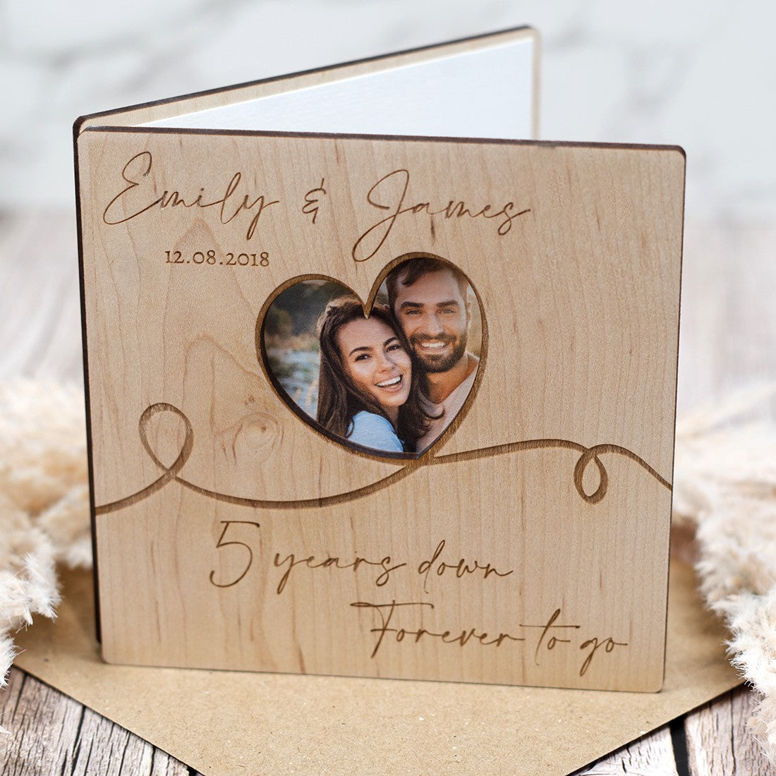 Wooden Engraved Wedding Anniversary Photo Greetings Card-Love Lumi Ltd