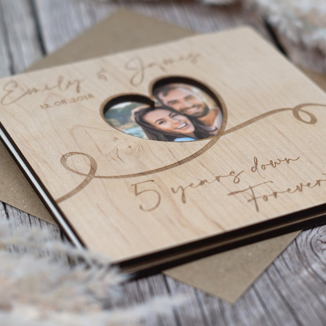 Wooden Engraved Wedding Anniversary Photo Greetings Card-Love Lumi Ltd