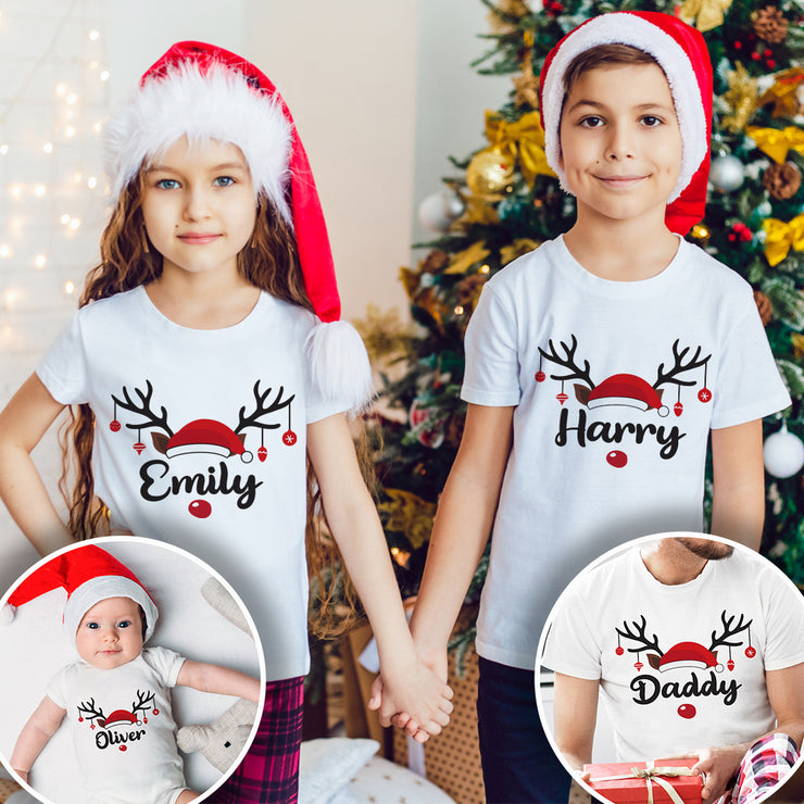 Rudolph Antler Family Matching Christmas White T-Shirts and Baby Grow