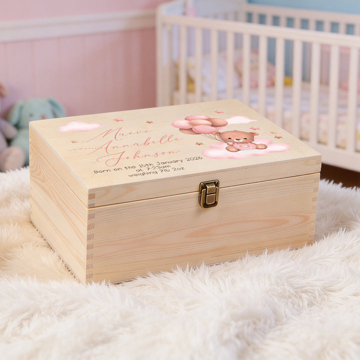 New Baby Teddy Bear Large Wooden Keepsake Box