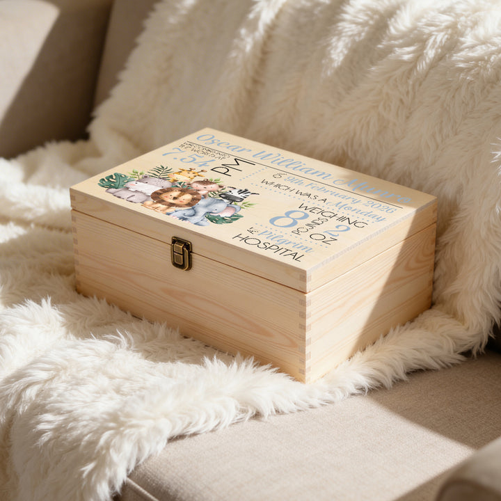 New Baby Jungle Animals Large Wooden Keepsake Box