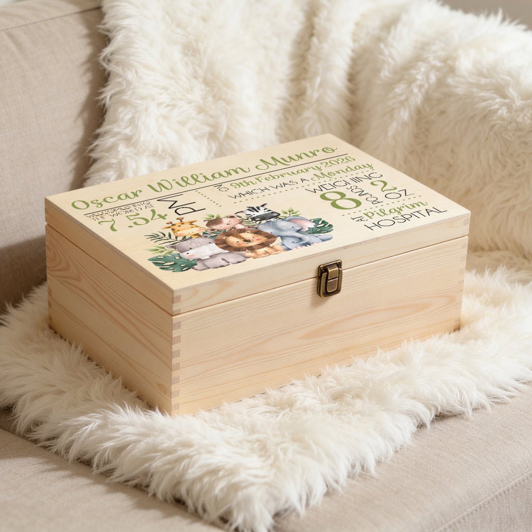 New Baby Jungle Animals Large Wooden Keepsake Box
