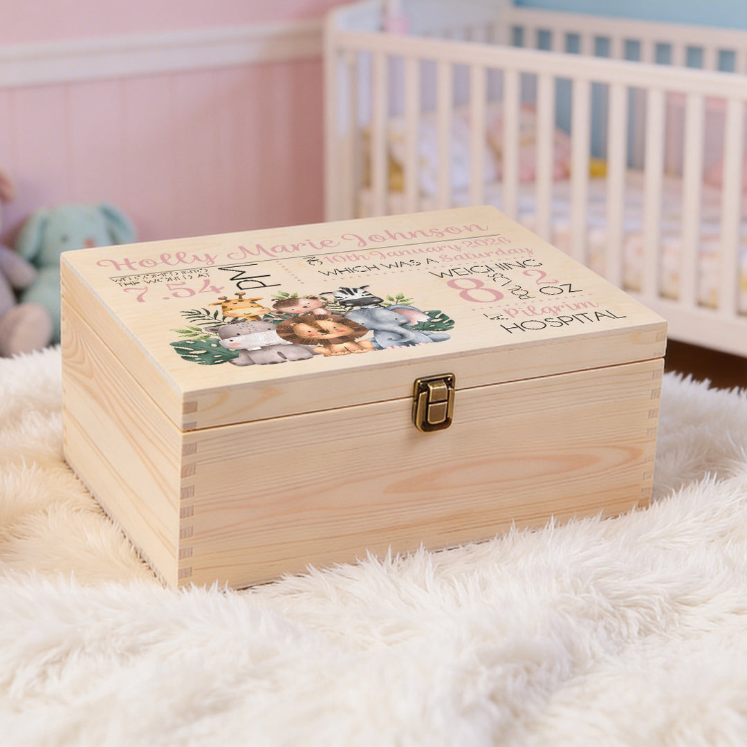 New Baby Jungle Animals Large Wooden Keepsake Box