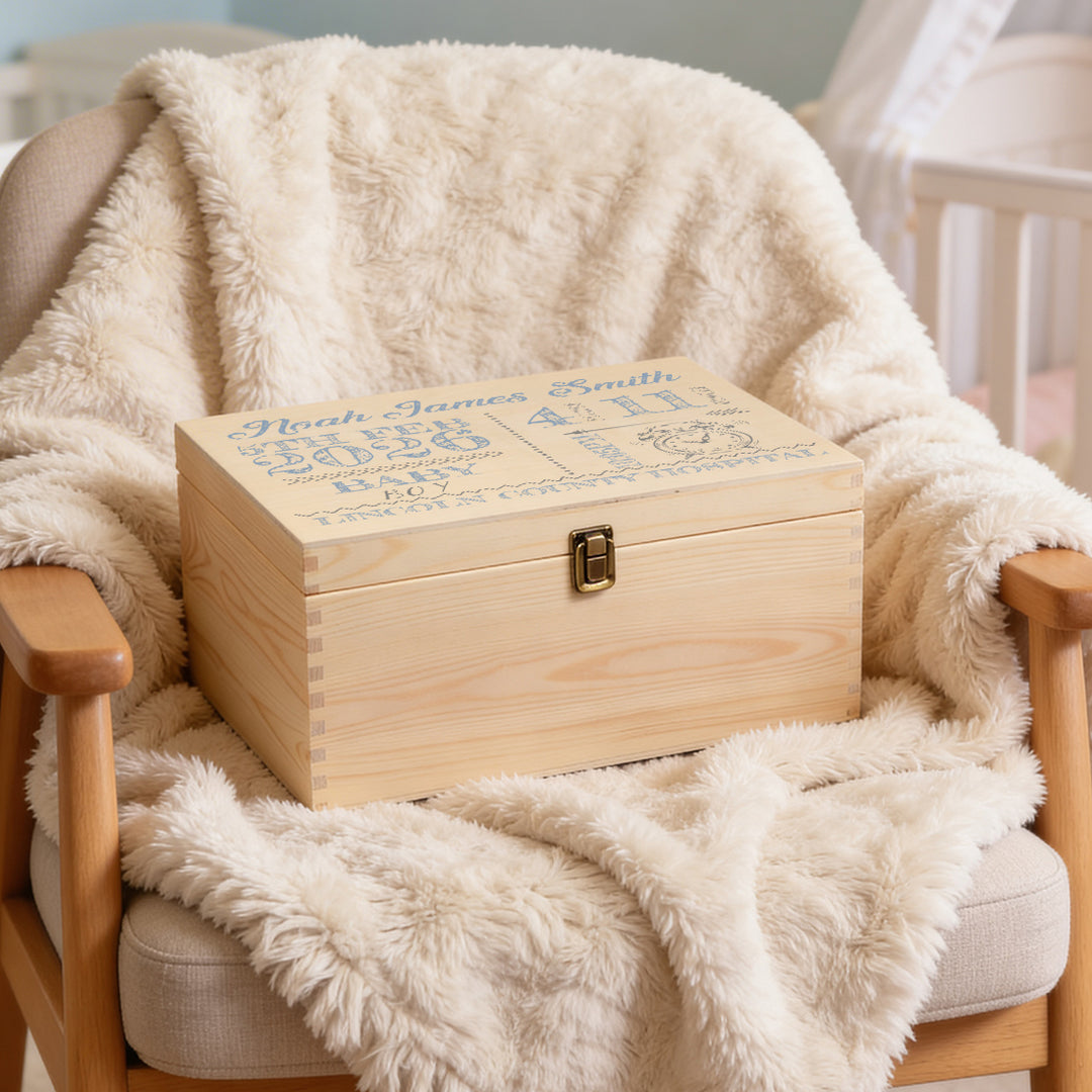 Baby Boy or Girl Typographic Large Wooden Keepsake Box