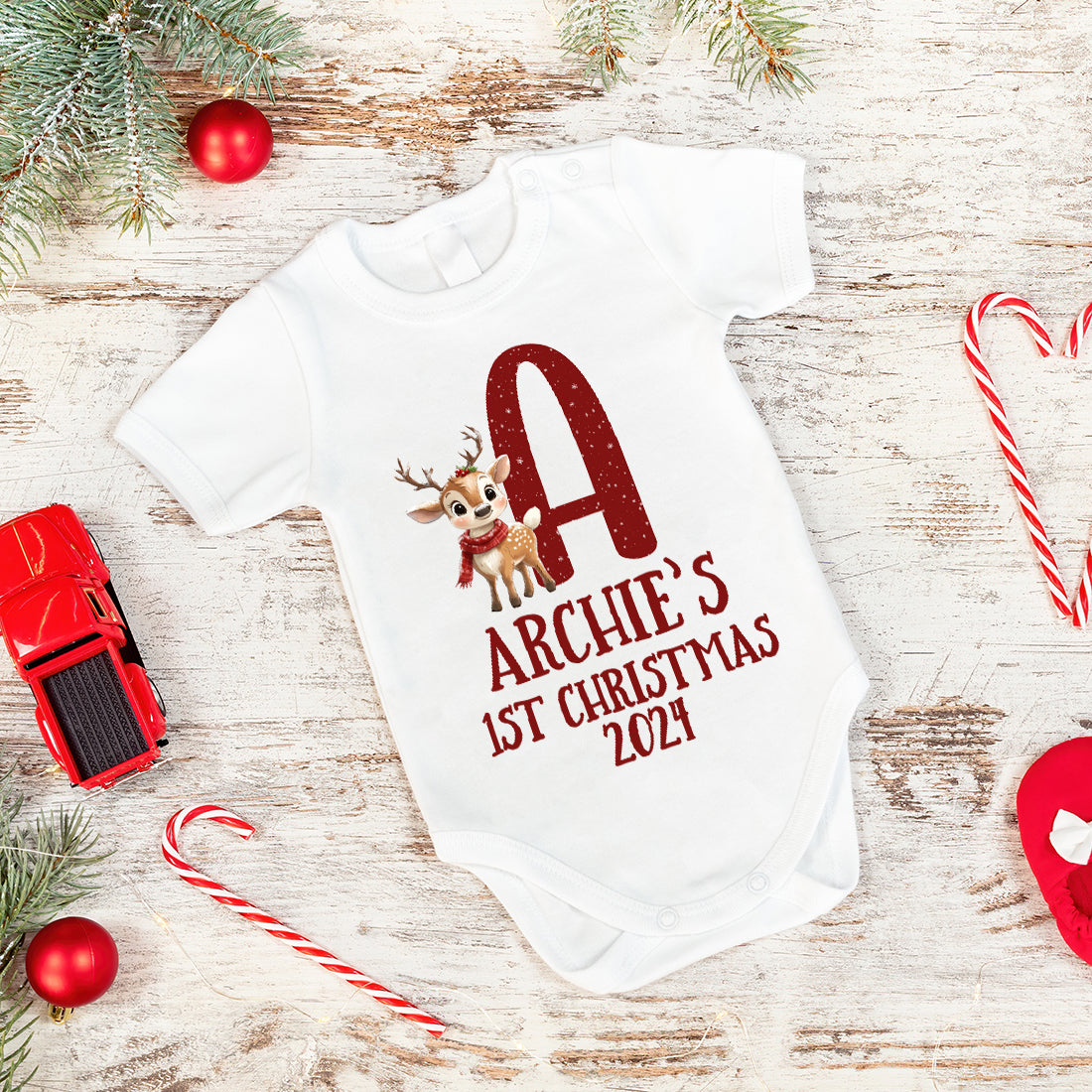 Baby's 1st Christmas Reindeer Alphabet Initial Babygrow-Love Lumi Ltd