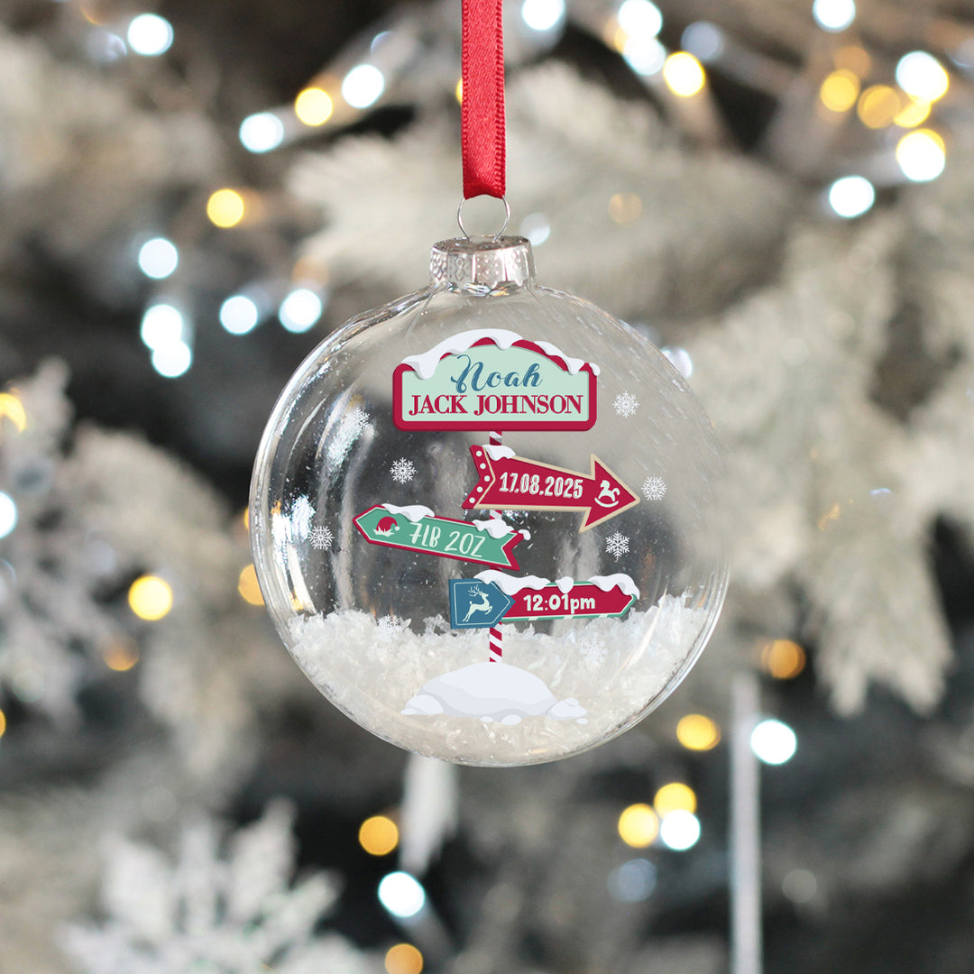 Baby Stats North Christmas Snow Filled Glass Bauble