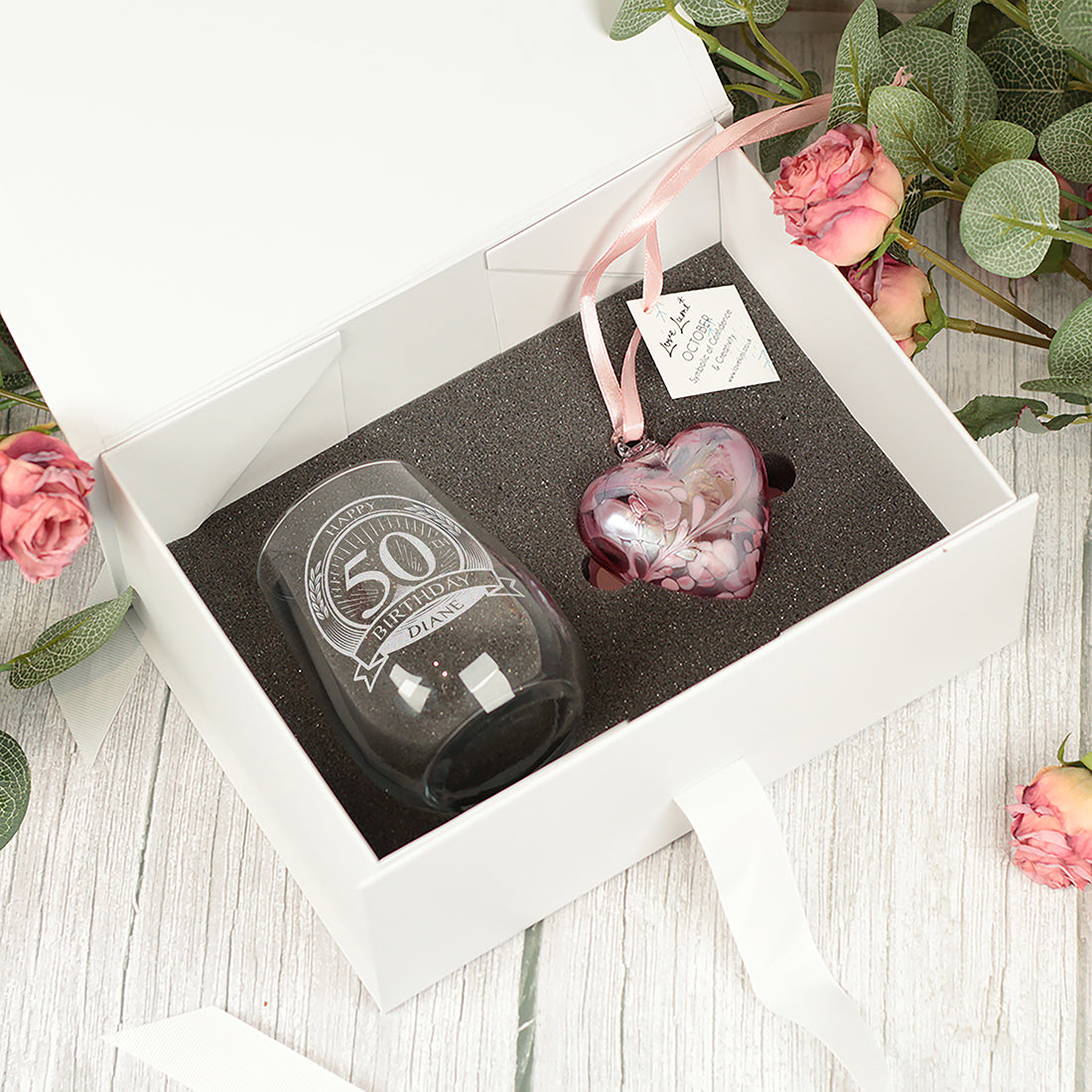 50th Birthday Stemless Glass and Birthstone Heart Gift Set