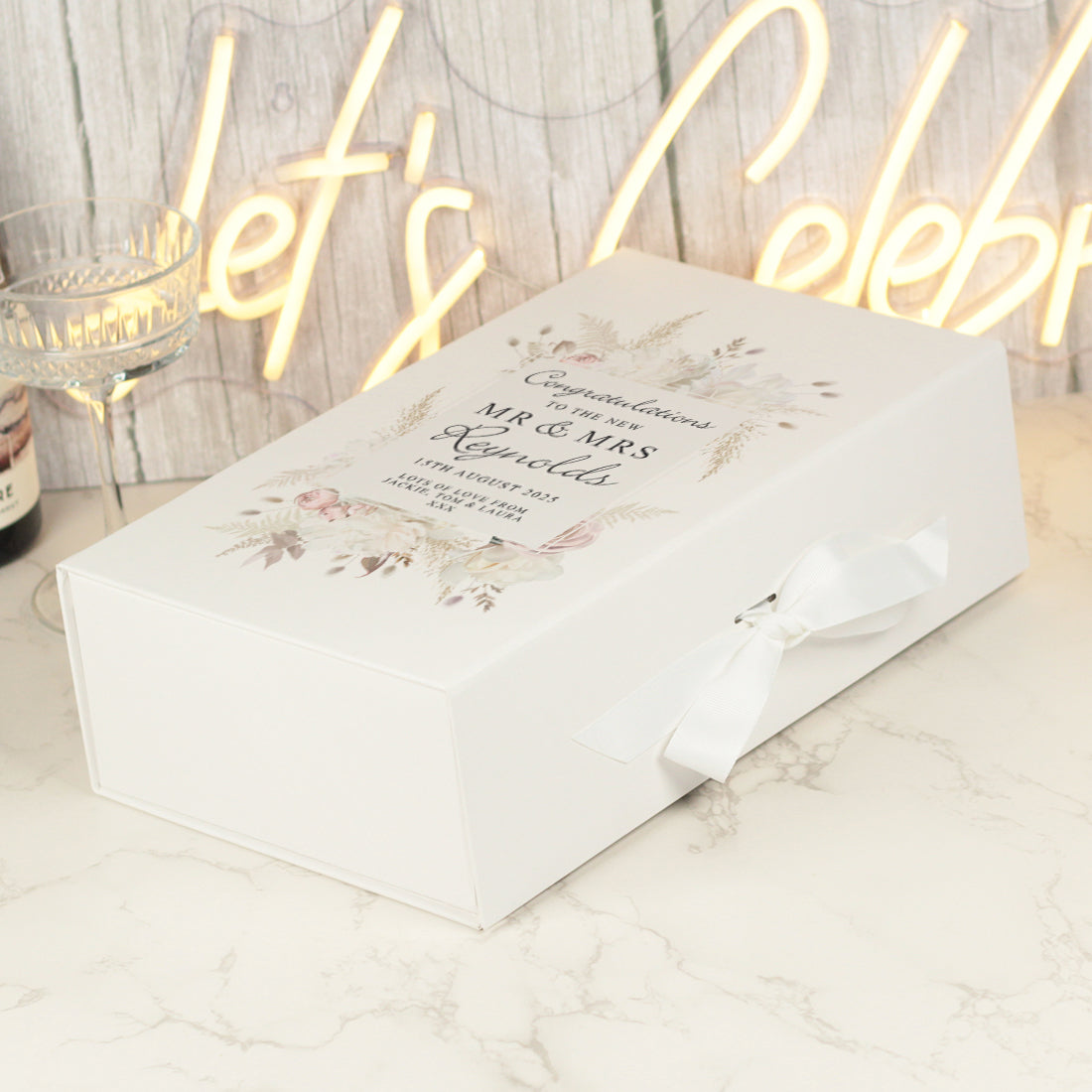 Blush Flowers Wedding White Recycled Bottle Box and Matching Glasses Gift Set-Love Lumi Ltd